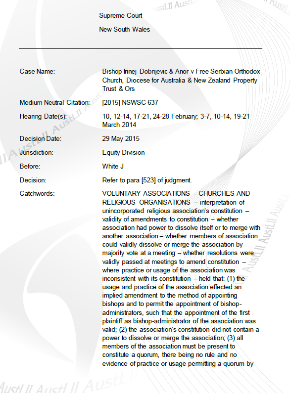 Presuda Vrhovnog suda Novog Južnog Velsa – Spor oko poverenja imovine iz 2015. ([2015] NSWSC 637)