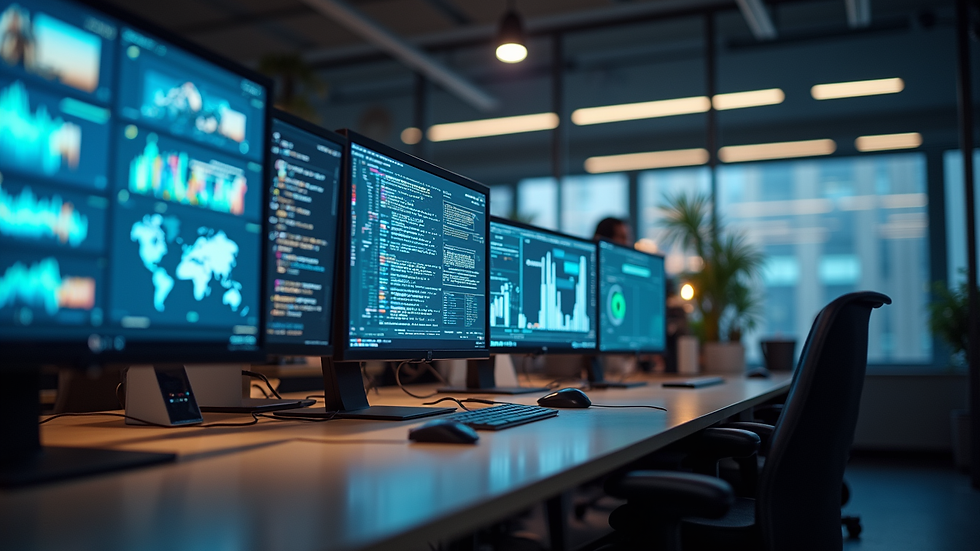 Eye-level view of a modern office workspace with multiple digital screens displaying media content