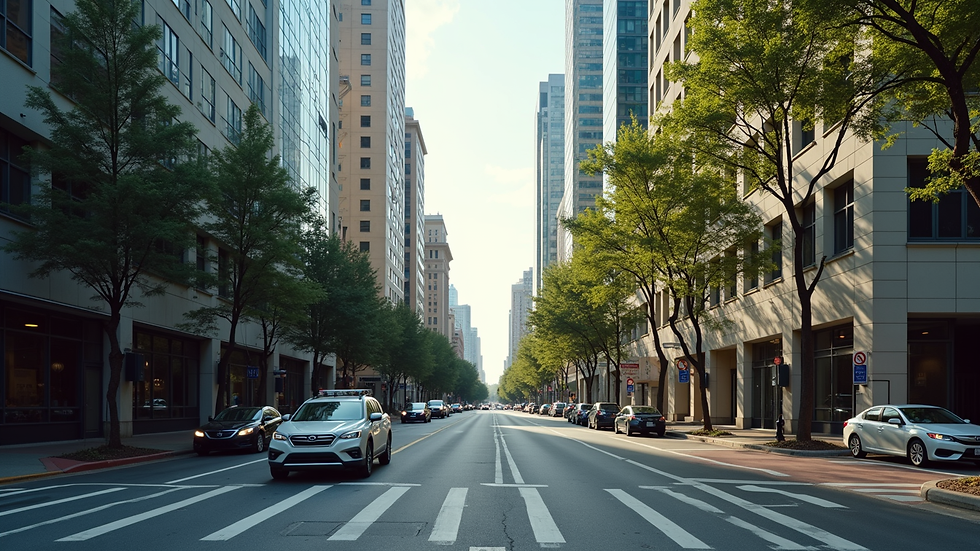 Wide angle view of a busy urban street in Atlanta with healthcare facilities nearby