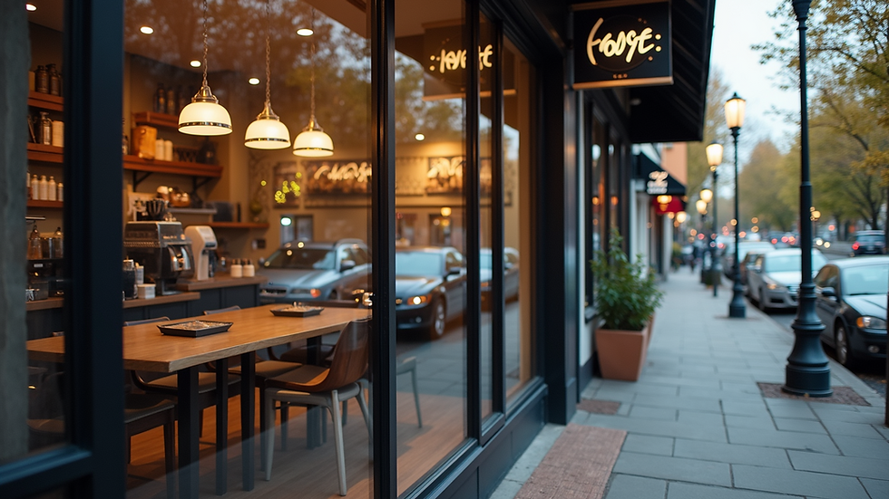 Eye-level view of a local coffee shop storefront with clear signage