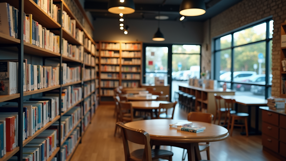 Eye-level view of a local bookstore with social media promotions