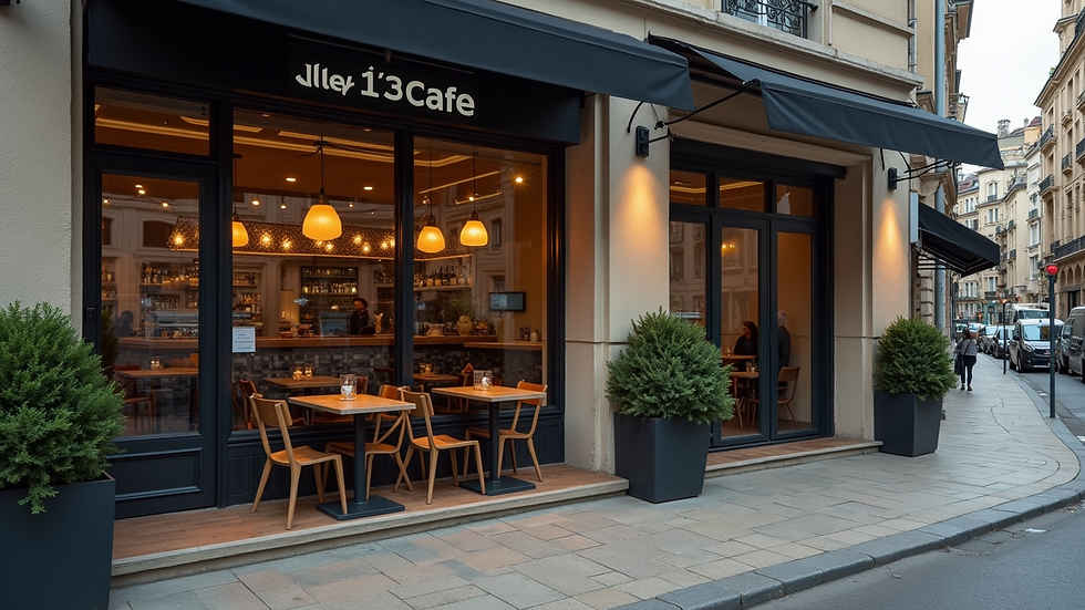 Eye-level view of a modern cafe exterior