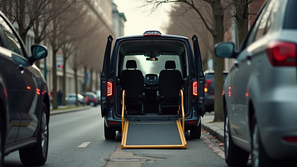 Close-up view of an accessible taxi with a ramp