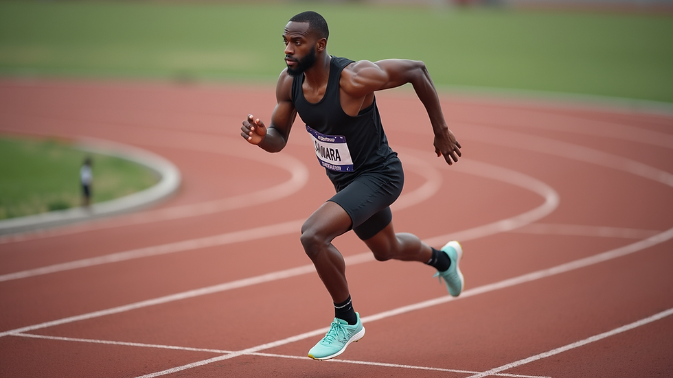High angle view of a determined athlete sprinting on a running track