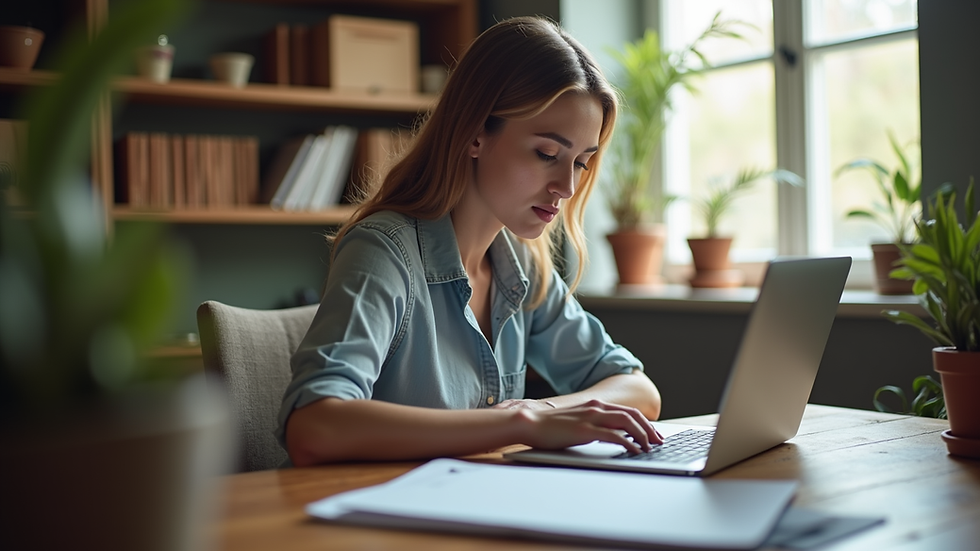 Eye-level view of a small business owner working on a laptop in a cozy office