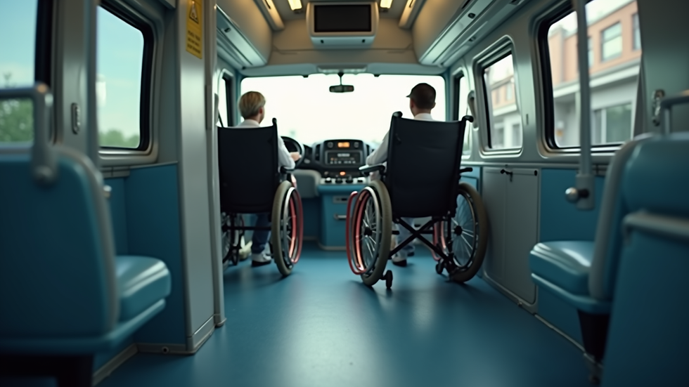 Close-up view of a medical transport vehicle interior showing secure wheelchair restraints