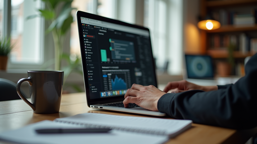 Eye-level view of a content creator working on a laptop