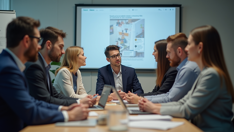 Close-up view of a business meeting with professionals discussing digital marketing strategies