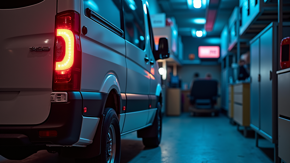 Close-up view of a customized Sprinter van with multimedia and lighting setup