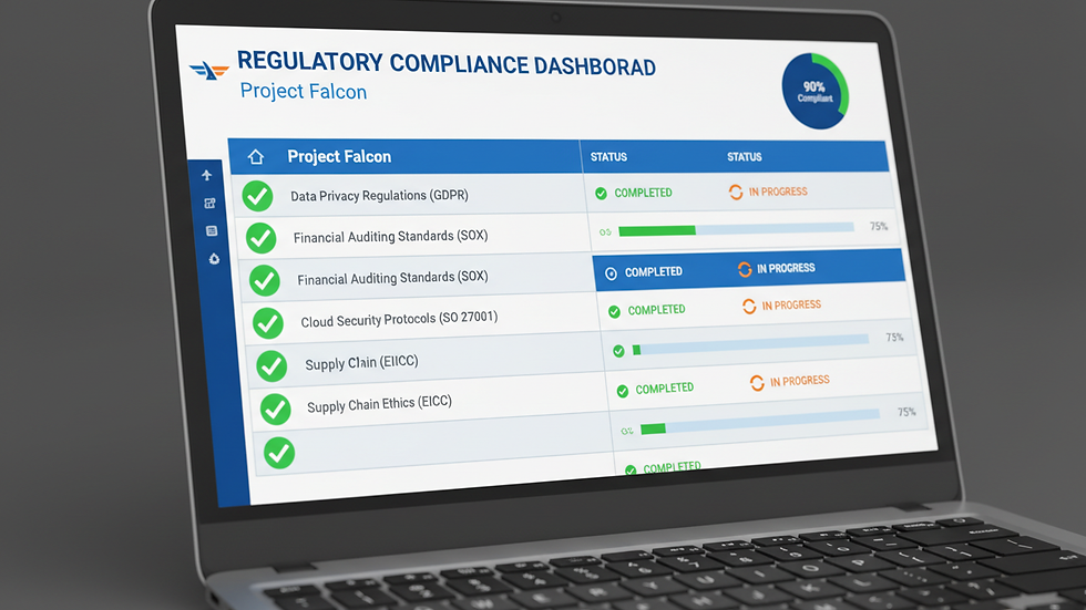 Close-up view of a laptop screen showing a compliance checklist with completed tasks