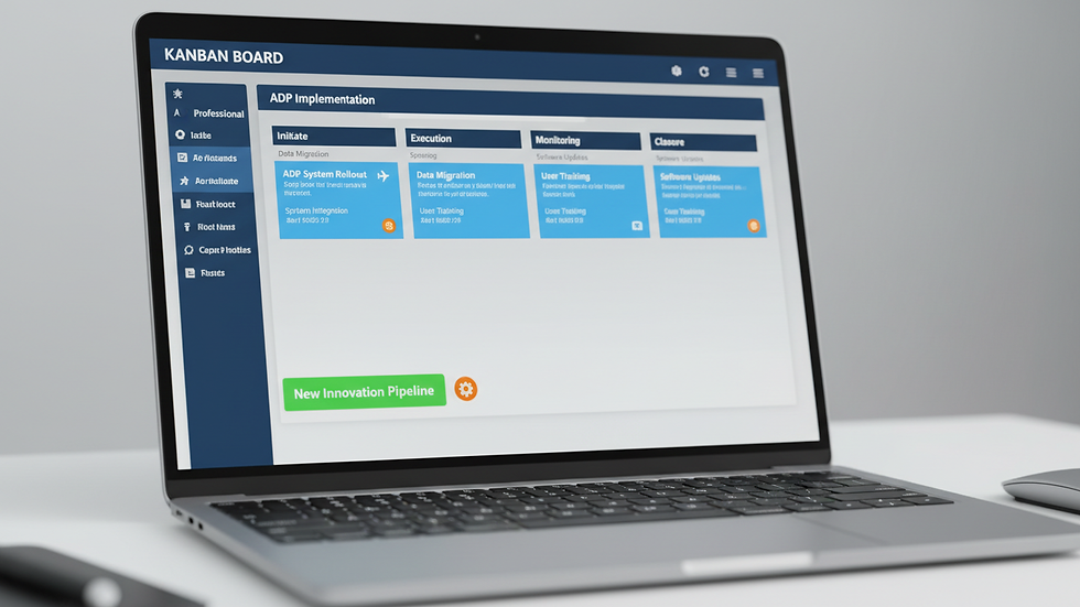 Close-up view of a laptop screen showing project management software with ADP implementation tasks