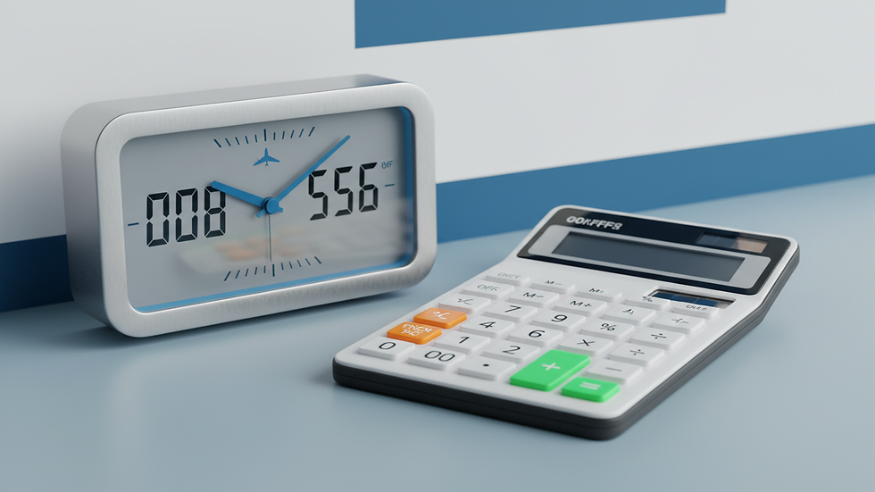 Close-up view of a clock and calculator on a desk