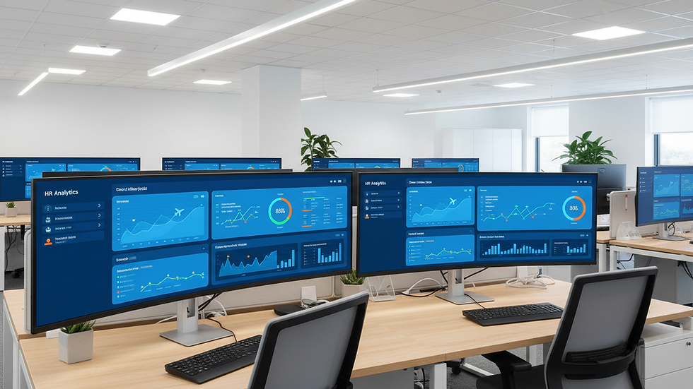 Eye-level view of a modern office workspace with multiple computer screens showing HR dashboards