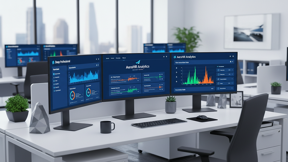 Eye-level view of a modern office workspace with multiple computer screens showing HR dashboards