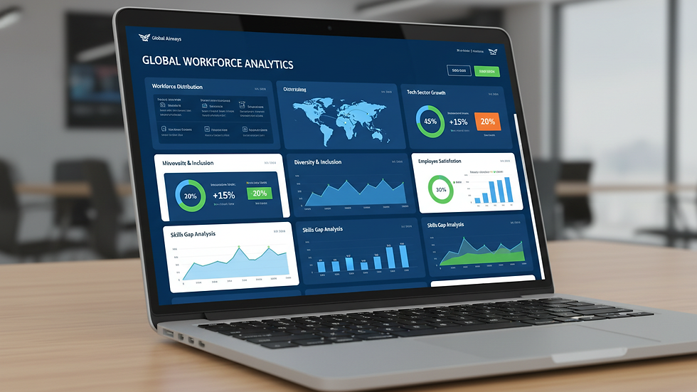 Close-up view of a laptop screen displaying global HR analytics and workforce data