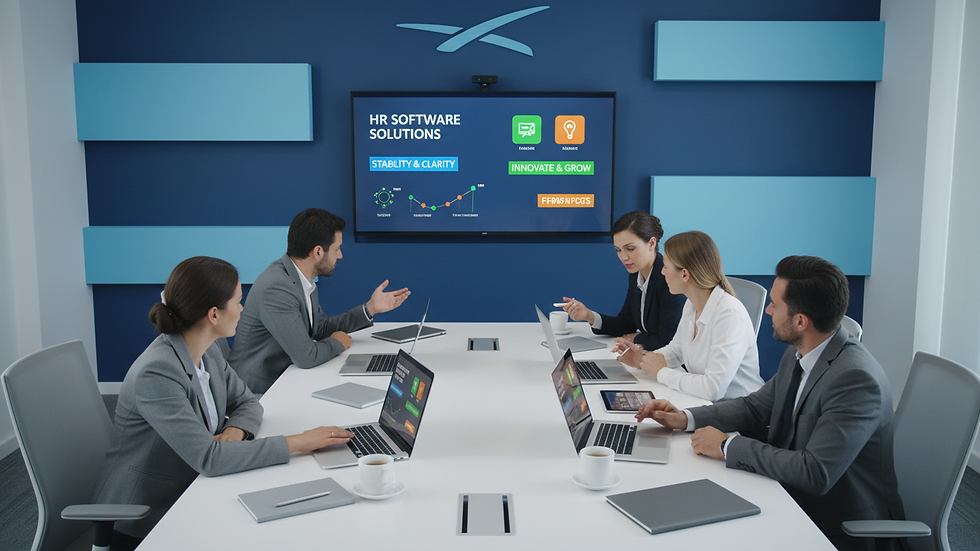 High angle view of a business meeting with HR professionals discussing software options