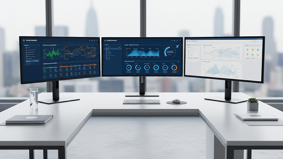 Eye-level view of a modern office workspace with multiple computer screens displaying compliance dashboards