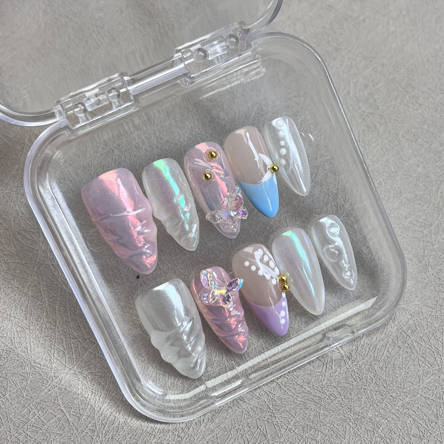 10pcs Handmade Press on Nails 3D Colorful Aurora Butterfly Design Fake Nails Wea