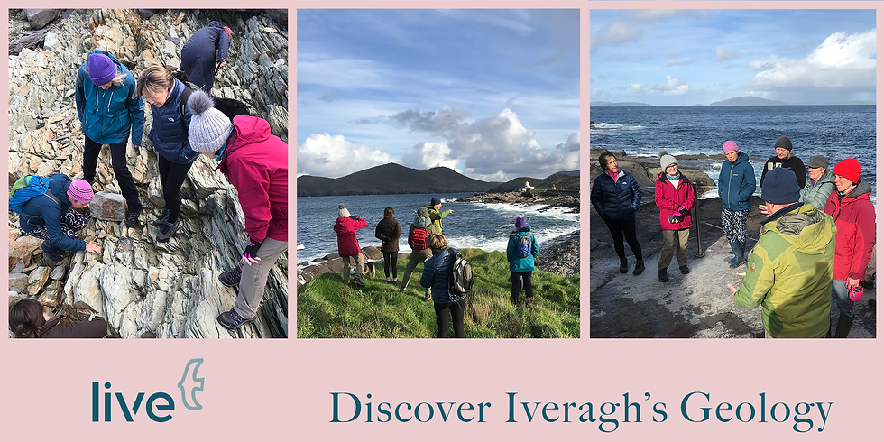 collage of 3 photos of a small groupof people looking at rocks and coastal landscape