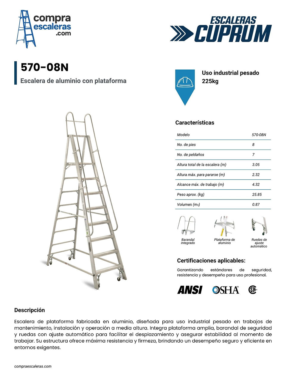 Miniatura: ESCALERA DE ALUMINIO CON PLATAFORMA CUPRUM  570-08N - 3.05M DE ALTURA Y 225KG