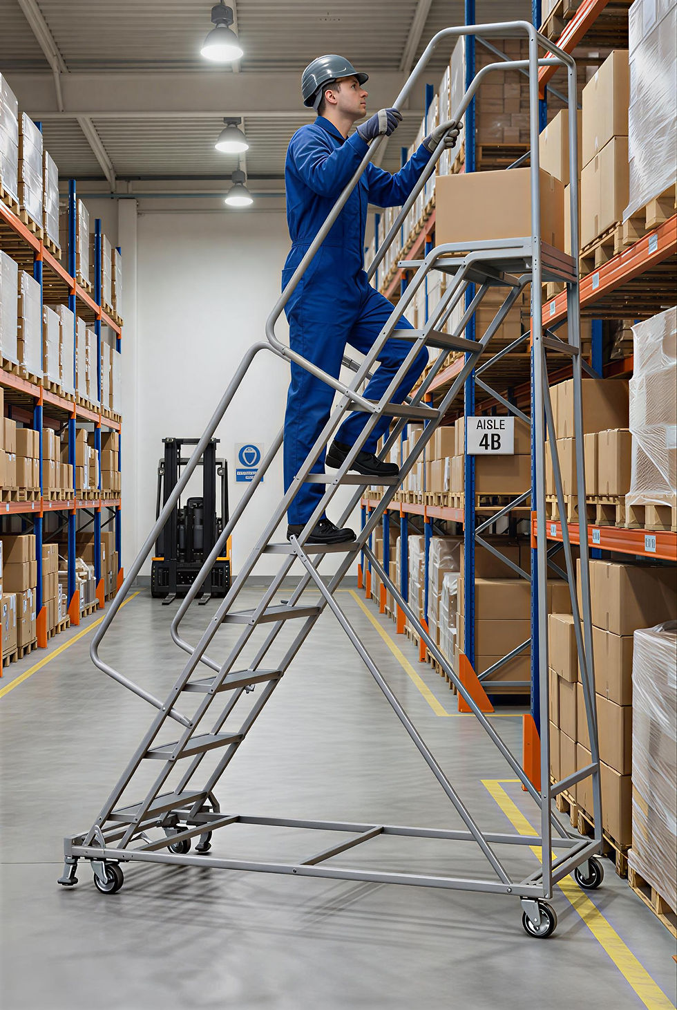 Escalera de uso industrial pesado para uso en almacenes.