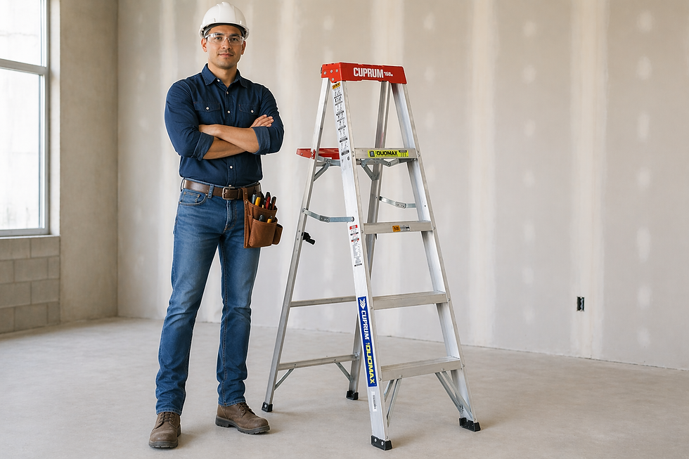 Trabajador profesional junto a una escalera de tijera CUPRUM, representando calidad, seguridad y confianza en equipos diseñados para uso doméstico, comercial e industrial.