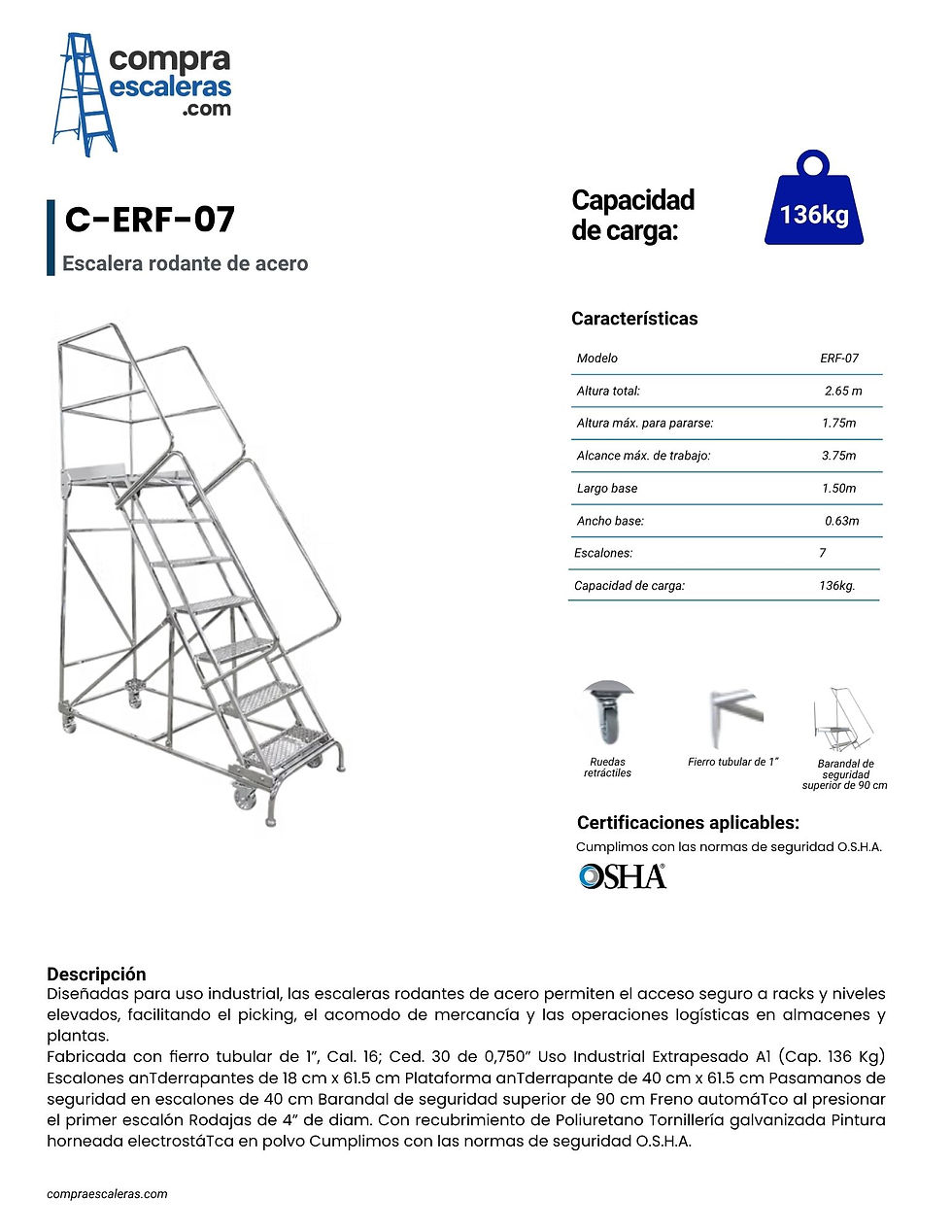 Miniatura: ESCALERA DE ACERO REFORZADA ERF-07 - 7 PELDAÑOS - 2.65M DE ALTURA