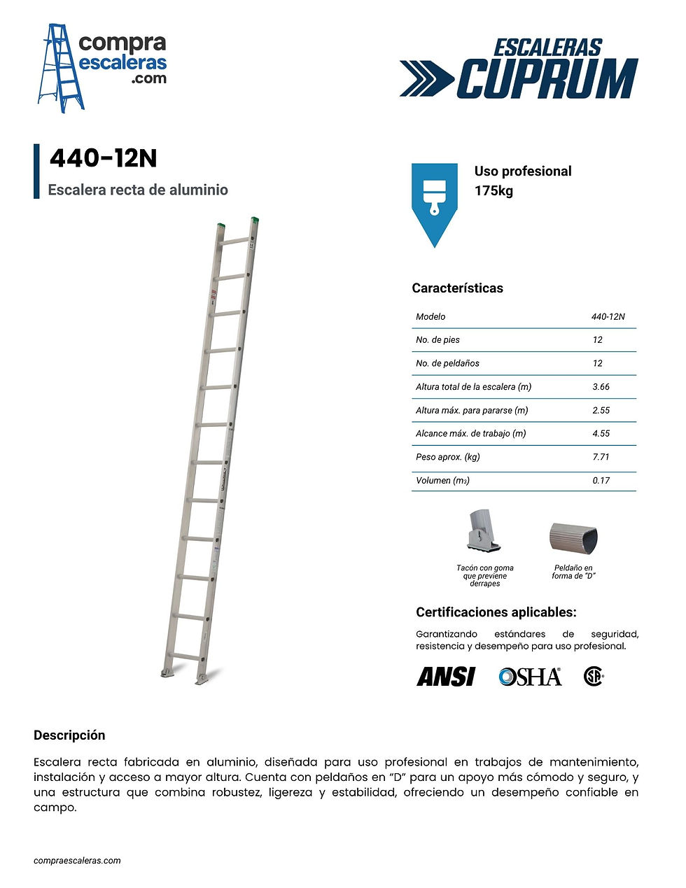 Miniatura: ESCALERA RECTA DE ALUMINIO CUPRUM 440-12N - 3.66M DE ALTURA Y 175KG DE CARGA
