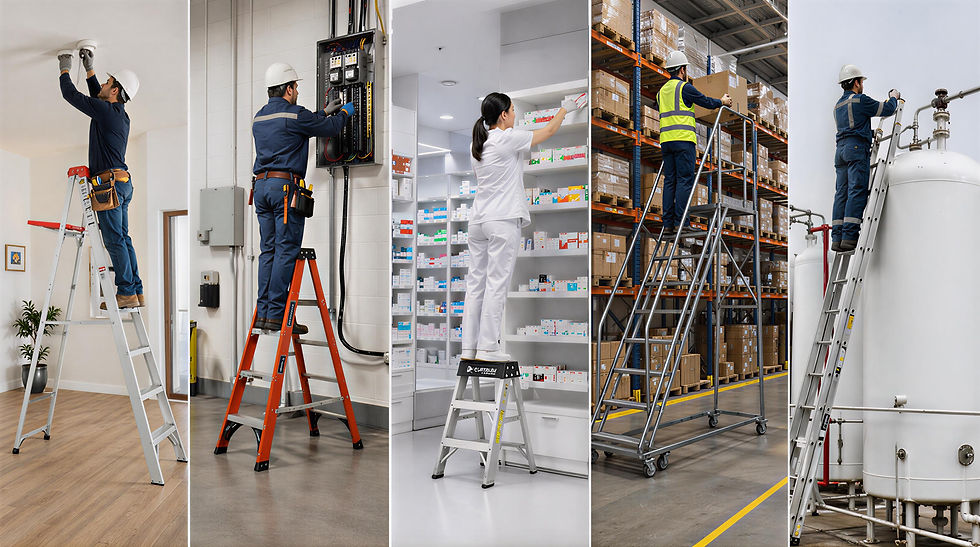 Diferentes aplicaciones de escaleras en distintos entornos de trabajo: uso doméstico, mantenimiento eléctrico, retail y farmacias, almacenes industriales e instalaciones de gas, mostrando la importancia de elegir el equipo adecuado según cada actividad.