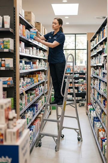 Uso de escalera en tienda para surtido y acomodo en anaqueles.