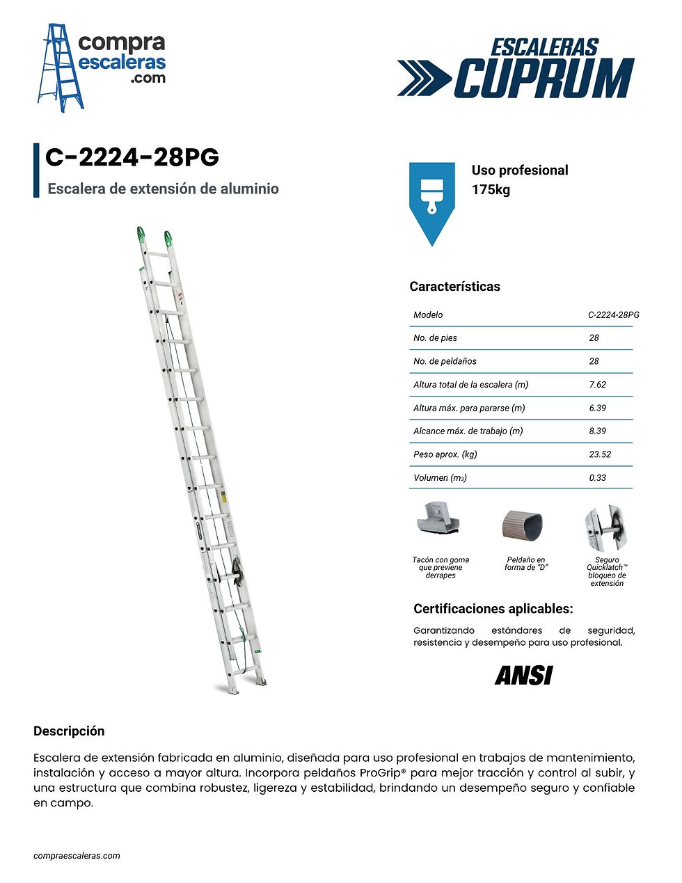 Miniatura: ESCALERA DE EXTENSIÓN DE ALUMINIO CUPRUM C-2224-28PG -7.62M DE ALTURA Y 175KG