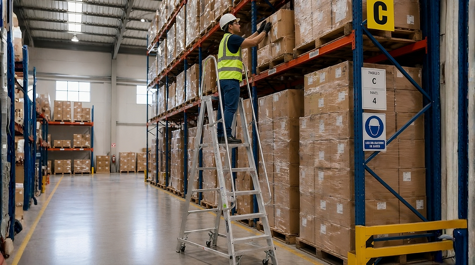 Uso seguro de escalera en almacén para trabajo en racks y picking.