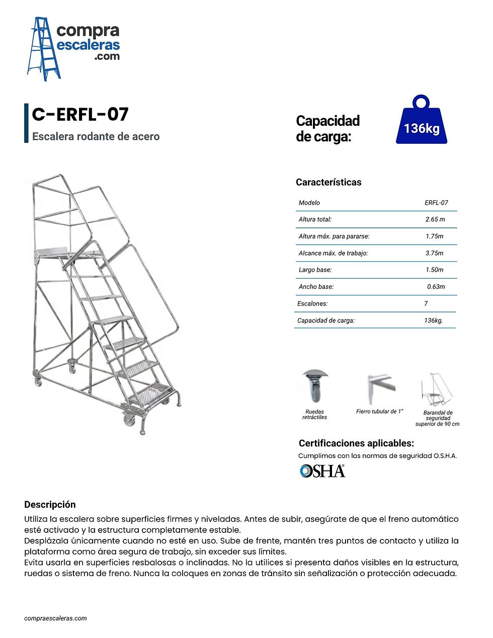 Miniatura: ESCALERA DE ACERO LIGERA ERFL-07 - 7 PELDAÑOS- 2.65M DE ALTURA