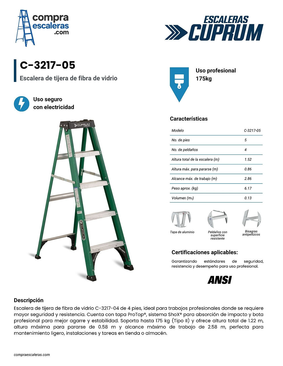 Miniatura: ESCALERA DE TIJERA DE FIBRA DE VIDRIO CUPRUM C-3217-05 - 1.52M DE ALTURA Y 175KG