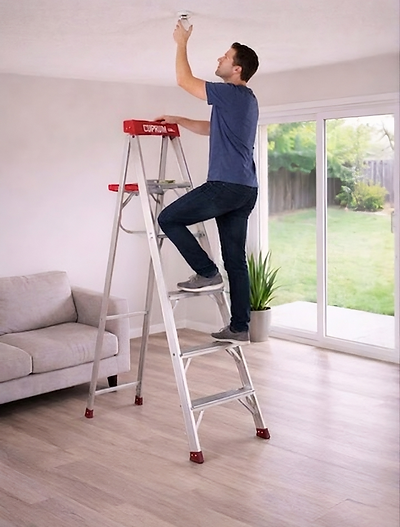 Persona realizando tareas domésticas con apoyo de escalera