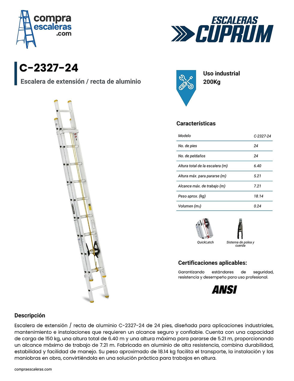 Miniatura: ESCALERA EXTENSIÓN GASERA DE ALUMINIO CUPRUM C-2327-24N -6.40M DE ALTURA Y 150KG