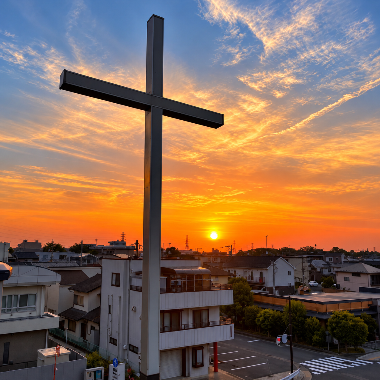 십자가와 석양 / 夕焼けの空に立つ十字架