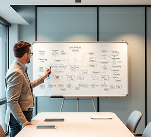 a consultant drawing complex sales processes and flow diagrams on a white board in a moder