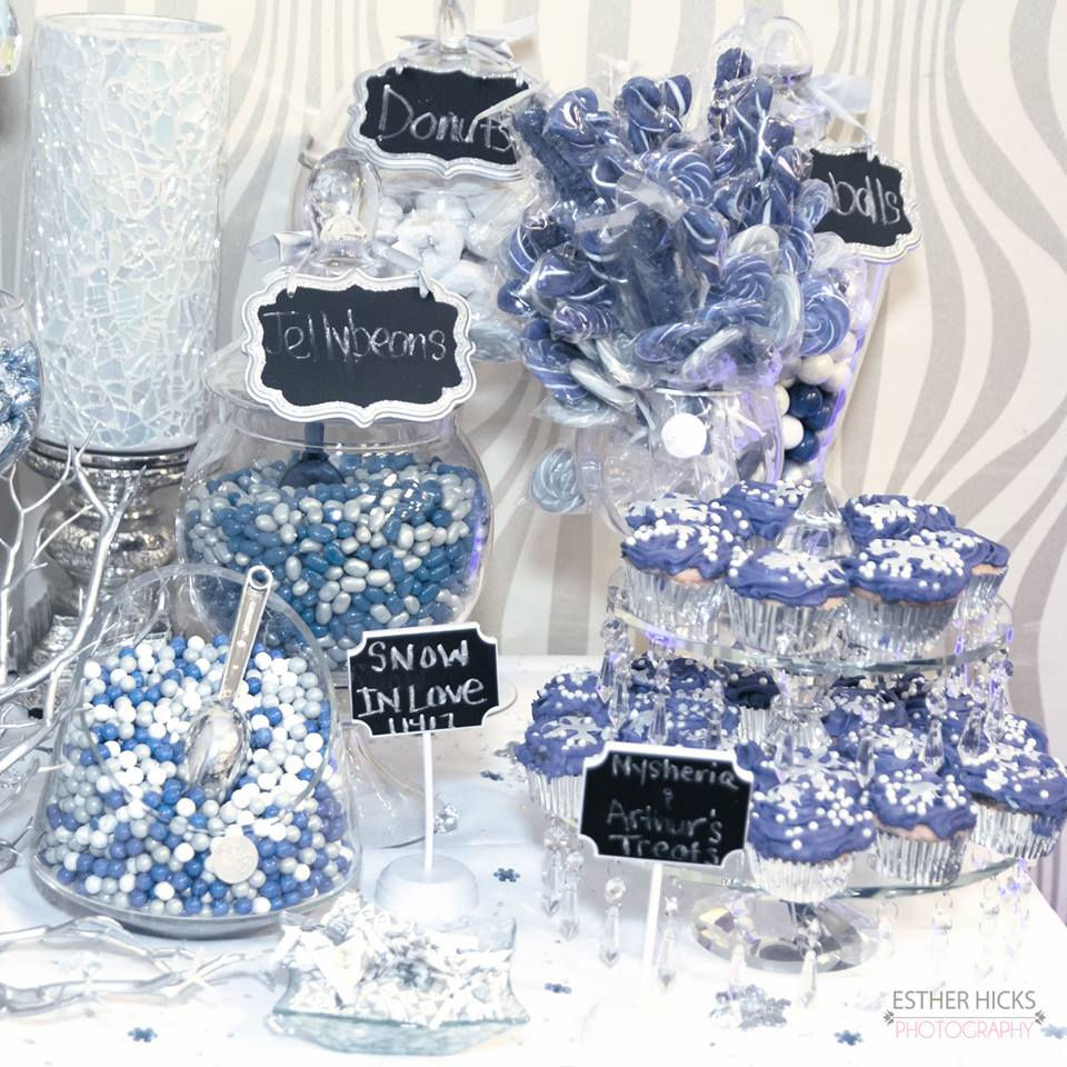 Blue and white candy buffet table