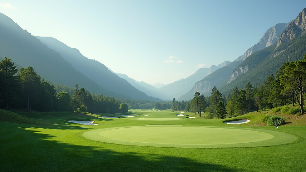 Wide angle view of a lush golf course surrounded by mountains
