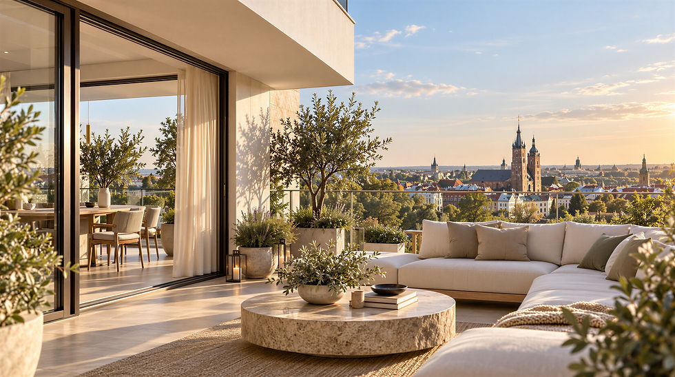Ilustracja apartamentu z tarasem i panoramą Krakowa