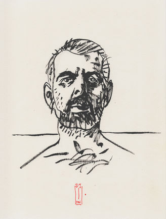 Autorretrato a tinta en ligero contrapicado, del natural