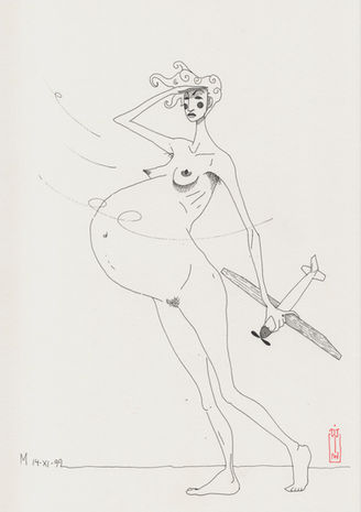 Dibujo de una mujer embarazada, oteando el horizonte