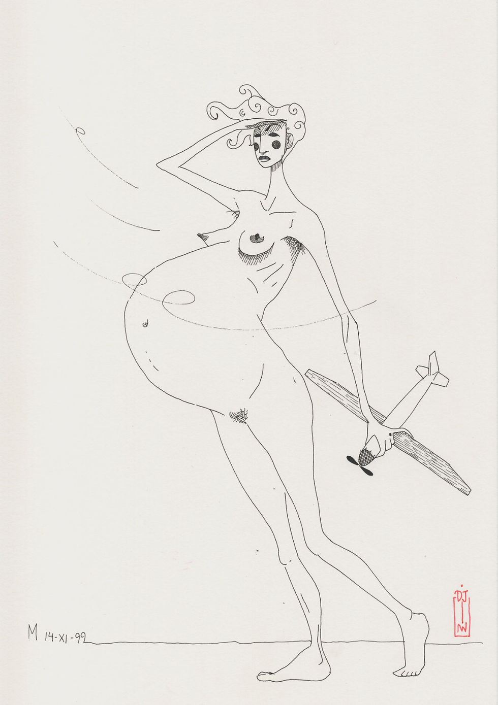 Dibujo de una mujer embarazada, oteando el horizonte