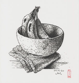 Dibujo de un cuenco blanco de IKEA con plátanos maduros