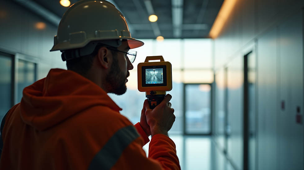 Close-up view of a professional using a laser measuring device inside a building