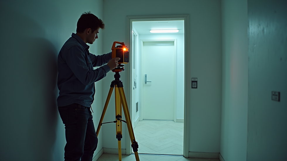 Eye-level view of a technician measuring a room with a laser device