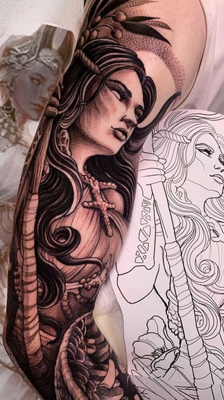 Detailed Greek mythology tattoo design featuring gods, mythical creatures, and symbolic elements