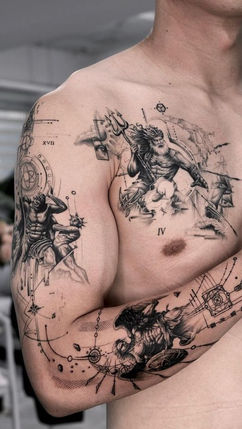 Detailed Greek mythology tattoo design featuring gods, mythical creatures, and symbolic elements