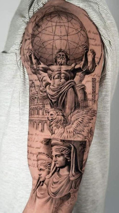 Detailed Greek mythology tattoo design featuring gods, mythical creatures, and symbolic elements